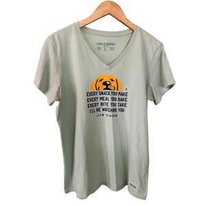 Life is Good Womens V-Neck‎ T-Shirt Large Dog Graphic Every Snack Cute Top